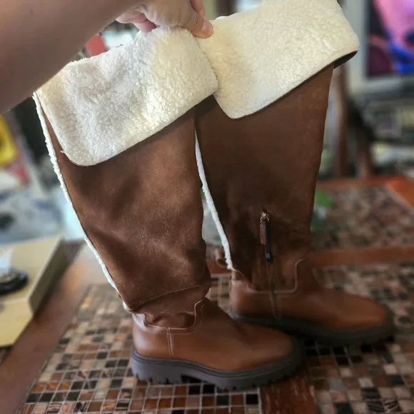 Zara OVER-THE-KNEE LEATHER BOOTS WITH FLEECE TRIM size 38 NEW