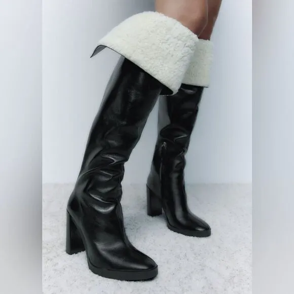 Zara OVER-THE-KNEE LEATHER BOOTS WITH FAUX SHEARLING LINING