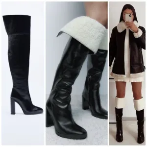 Zara OVER-THE-KNEE LEATHER BOOTS WITH FAUX SHEARLING LINING