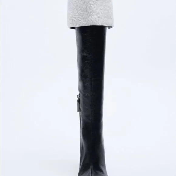 Zara OVER-THE-KNEE LEATHER BOOTS WITH FAUX SHEARLING LINING