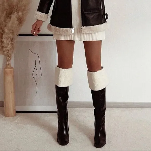 Zara OVER-THE-KNEE LEATHER BOOTS WITH FAUX SHEARLING LINING