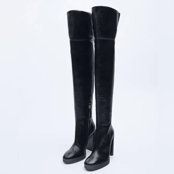 Zara OVER-THE-KNEE LEATHER BOOTS WITH FAUX SHEARLING LINING