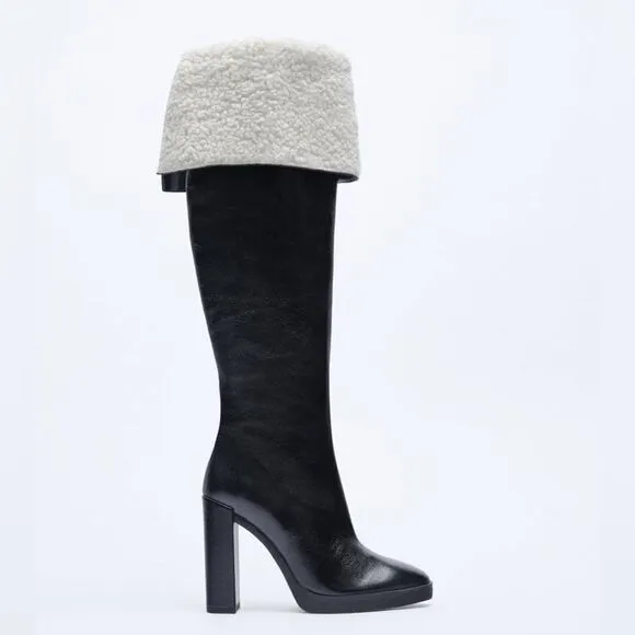 Zara OVER-THE-KNEE LEATHER BOOTS WITH FAUX SHEARLING LINING