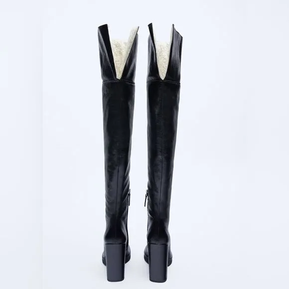 Zara OVER-THE-KNEE LEATHER BOOTS WITH FAUX SHEARLING LINING
