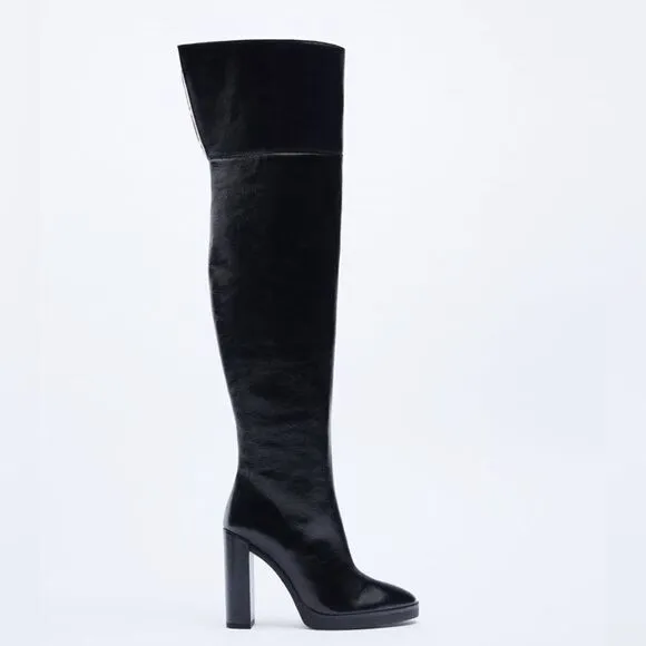 Zara OVER-THE-KNEE LEATHER BOOTS WITH FAUX SHEARLING LINING