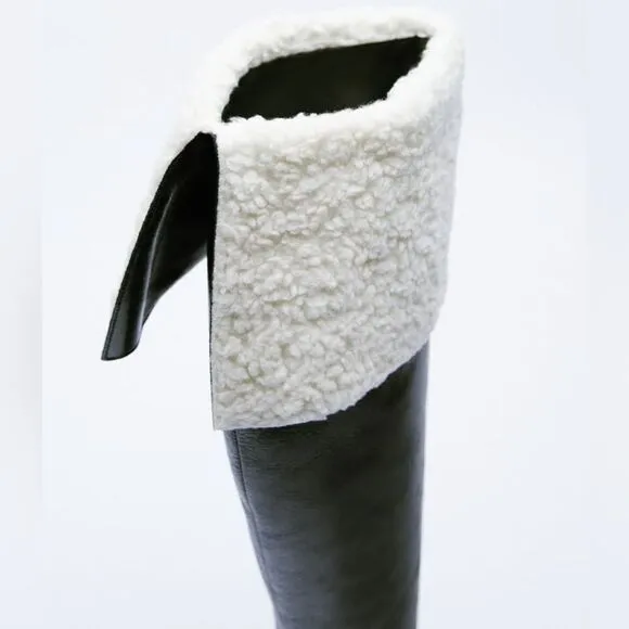 Zara OVER-THE-KNEE LEATHER BOOTS WITH FAUX SHEARLING LINING