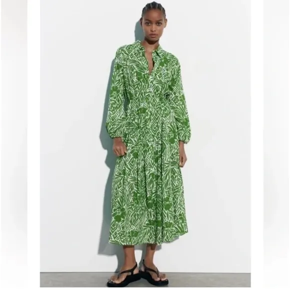 Zara • printed summer long sleeve maxi collared dress $149