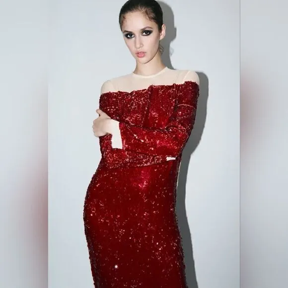 Zara Runs bigLimited EDITION- BLOGGER'S FAVE! SEQUIN CHIFFON DRESS ZW COLLECTION
