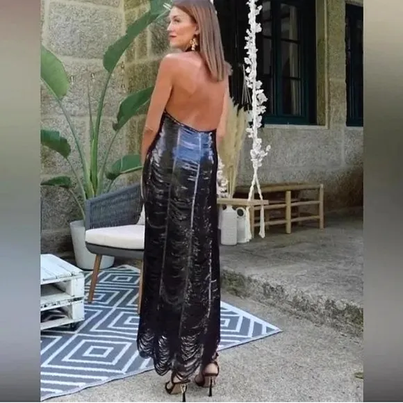 Zara Sequin Midi Dress Black Size M