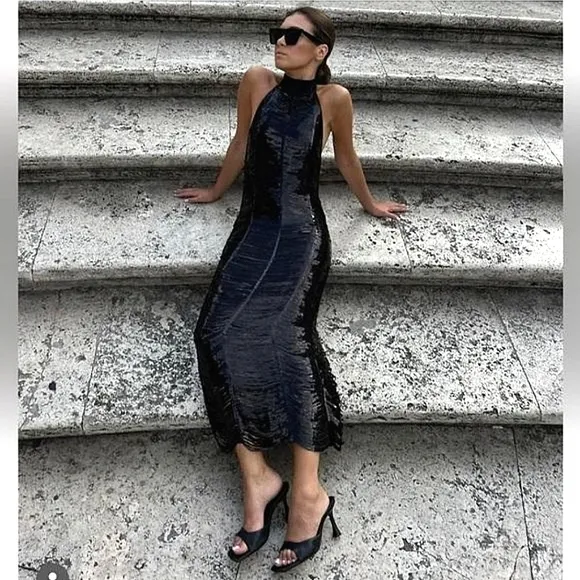 Zara Sequin Midi Dress Black Size M