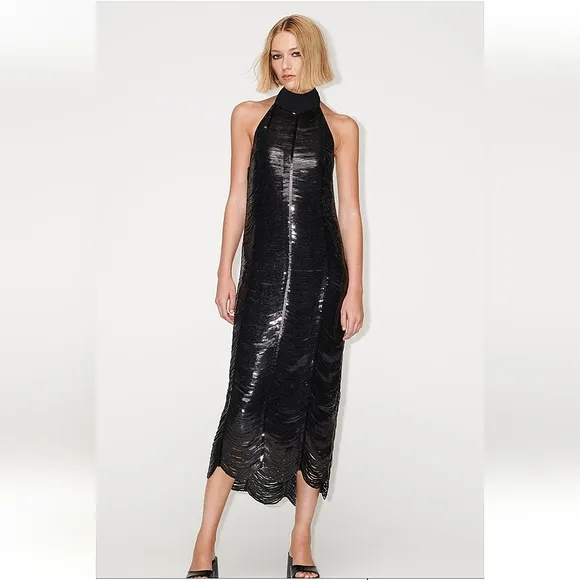 Zara Sequin Midi Dress Black Size M