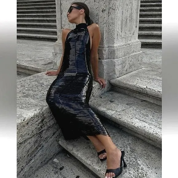 Zara Sequin Midi Dress Black Size M