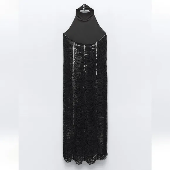 Zara Sequin Midi Dress Black Size M