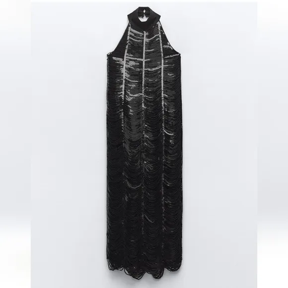 Zara Sequin Midi Dress Black Size M