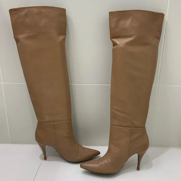 Zara Tan Soft Leather High Heel Boots size 37