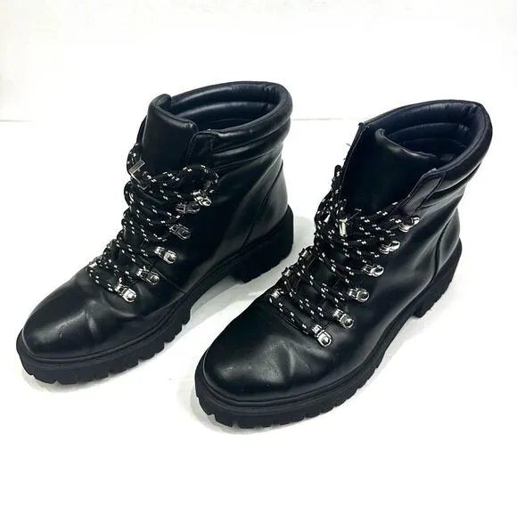Zara Trafaluc Black Faux Leather Lace Up Boots Sz 36/5.5 Combat Ankle Booties