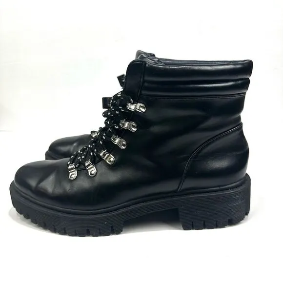 Zara Trafaluc Black Faux Leather Lace Up Boots Sz 36/5.5 Combat Ankle Booties