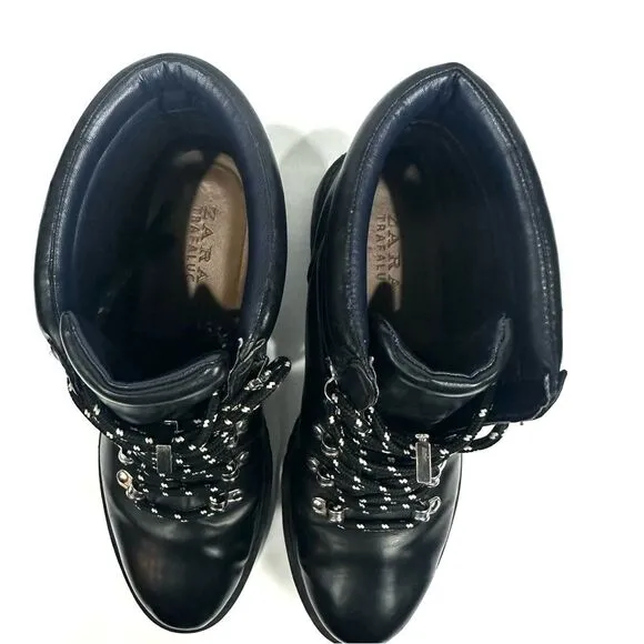 Zara Trafaluc Black Faux Leather Lace Up Boots Sz 36/5.5 Combat Ankle Booties