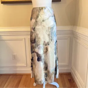 ZARA Watercolor Marble Print Green Blue Brown Cream tones Satin Midi Skirt