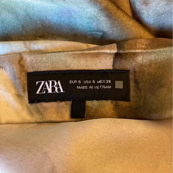 ZARA Watercolor Marble Print Green Blue Brown Cream tones Satin Midi Skirt