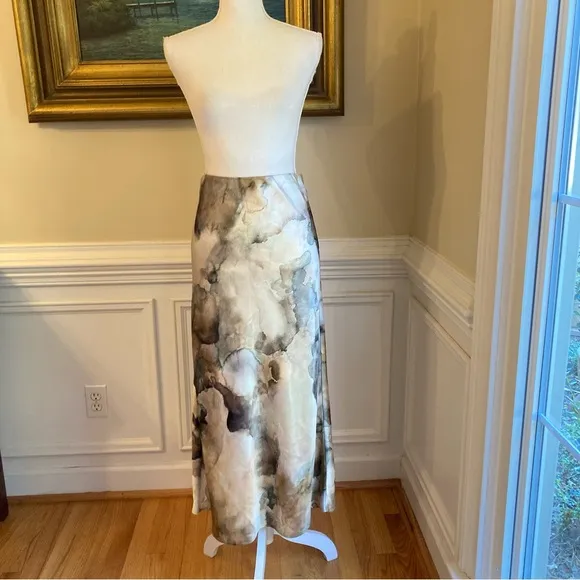 ZARA Watercolor Marble Print Green Blue Brown Cream tones Satin Midi Skirt
