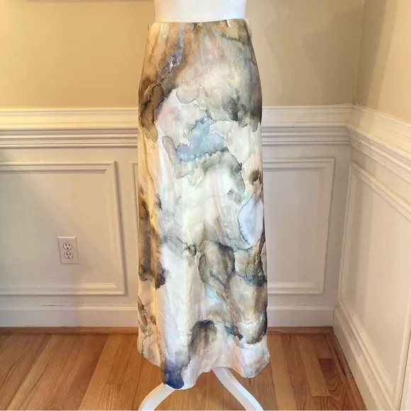 ZARA Watercolor Marble Print Green Blue Brown Cream tones Satin Midi Skirt