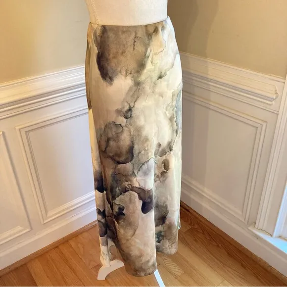 ZARA Watercolor Marble Print Green Blue Brown Cream tones Satin Midi Skirt